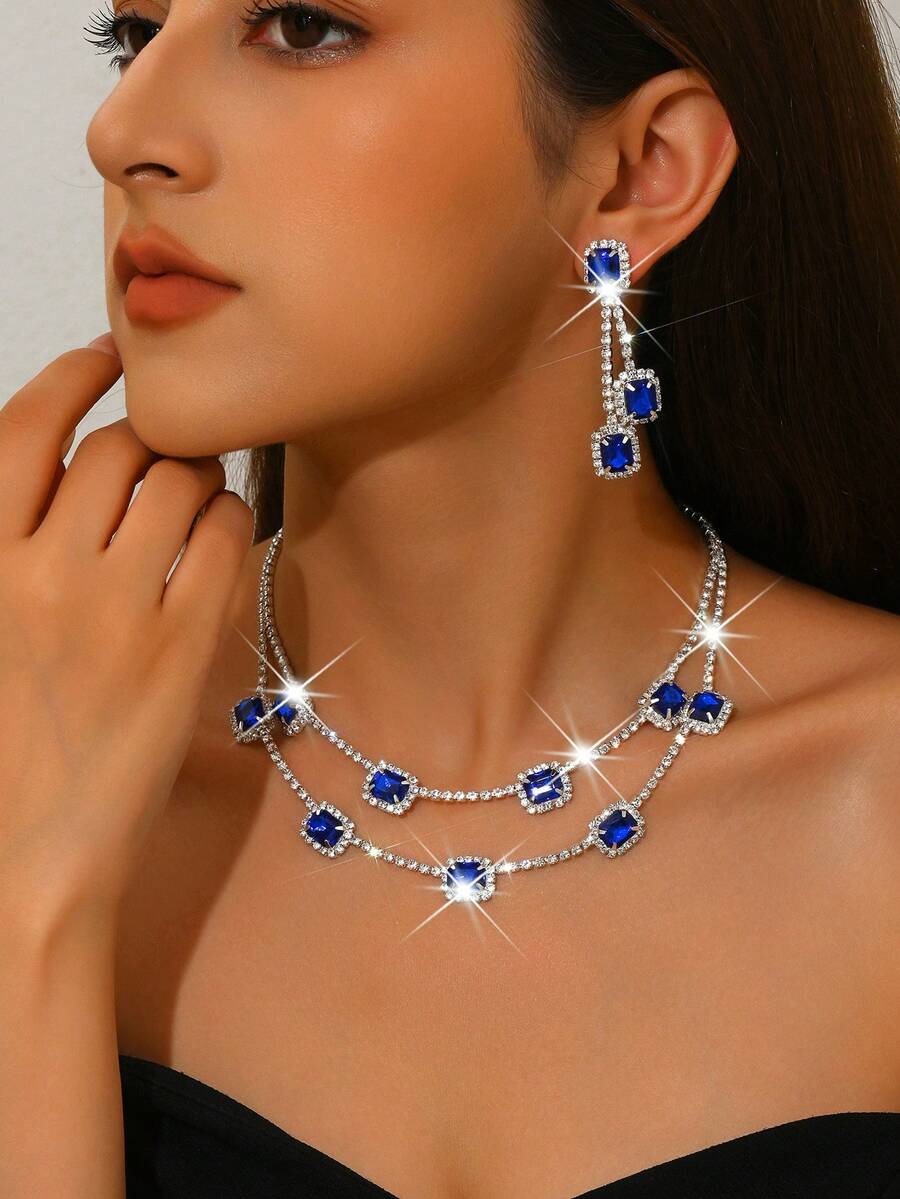 一套迷人的蓝宝石首饰套装 - 流苏耳环和多层项链 - 水晶镀银 - 伴娘/周年纪念礼物 - 藍色 - 查看 1