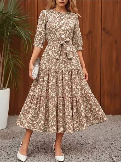 Gaun Wanita untuk Liburan, Kasual, Motif Bunga Seluruh Permukaan, Kain Tenun, Ruffle di Pinggang, Saku, Cocok untuk Kantor, Liburan Pantai, Acara Malam, Pernikahan, Kantor, Elegan, Kasual, Musim Semi, Musim Gugur
