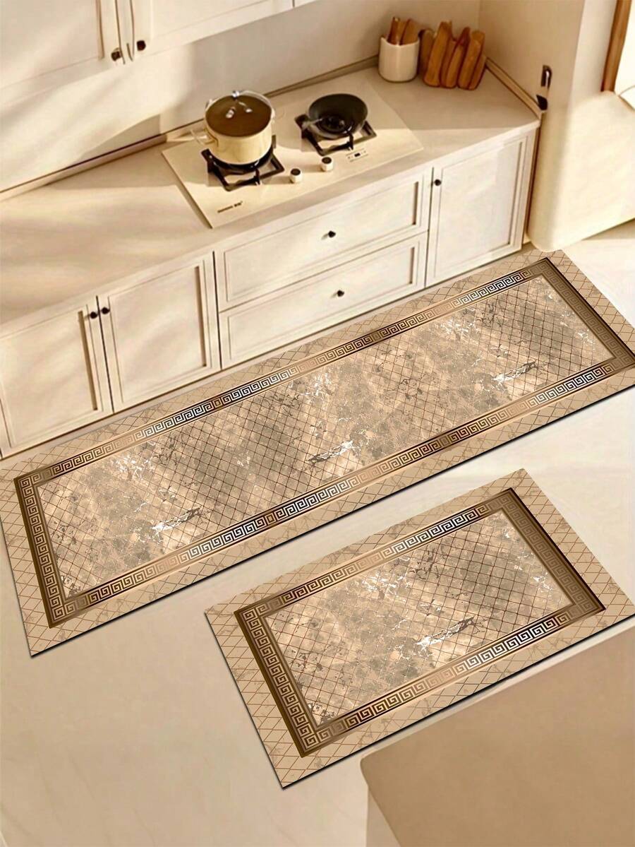 Tapete de cozinha em gel de sílica (1 peça), cor base dourada champanhe, área central com padrão de diamante texturizado natural, rodeado por uma requintada borda dourada em padrão grego, apresentando um estilo europeu luxuoso e vintage. - Multicolorido - Ver 1