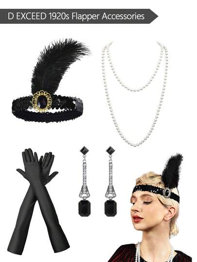 Bộ trang phục nữ D EXCEED phong cách cổ điển thập niên 1920 gồm 4 món: mũ đội đầu giả lông vũ kiểu retro, vòng cổ đính hạt, bông tai và găng tay dài, thích hợp cho tiệc theo chủ đề thập niên 1920, quà tặng sinh nhật, buổi hòa nhạc hoặc tiệc trà cổ điển.