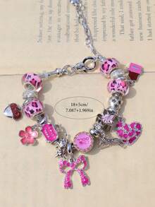 1条粉色豹纹蝴蝶结爱心吊坠手链，时尚豹纹手链，粉色豹纹樱花爱心手链，可爱巧克力爱心手链 - 銀色 - 查看 10