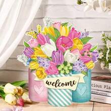 Waterproof Wooden Tulip Mason Jar Welcome Door Hanger, Colorful Tulip Bouquet Mason Jar Decor, Farmhouse Style, Reusable For Spring & Summer Patio, Garden Art Decoration - A - View 1
