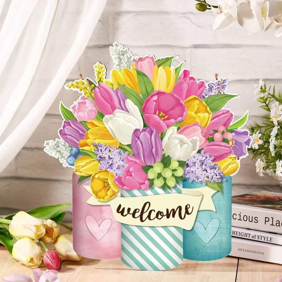 Waterproof Wooden Tulip Mason Jar Welcome Door Hanger, Colorful Tulip Bouquet Mason Jar Decor, Farmhouse Style, Reusable For Spring & Summer Patio, Garden Art Decoration - A - View 1