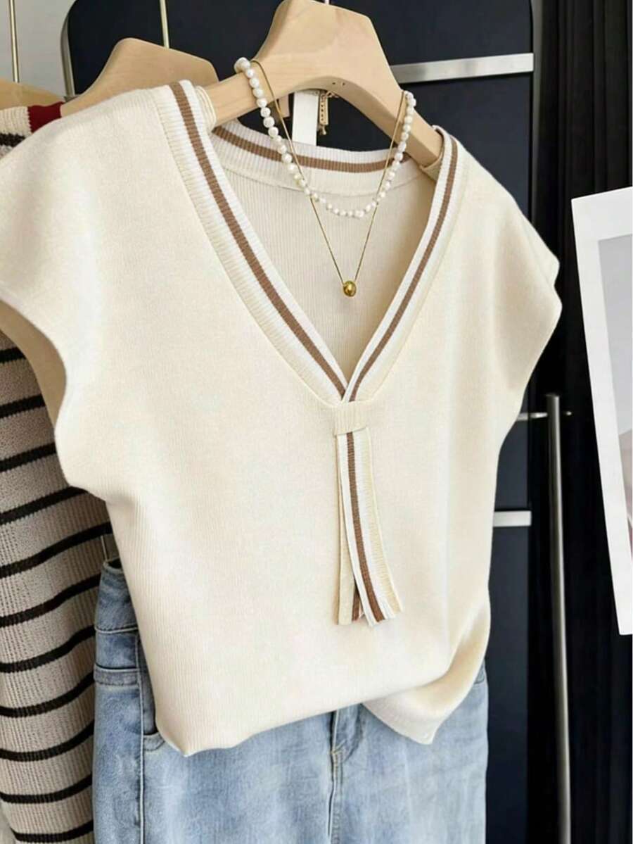 Suéter de punto holgado con cuello de corbata, a rayas y contraste de color, para primavera, talla grande - Beis - Ver 1