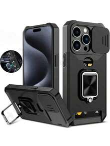 Shockproof Military Grade Rugged Stand Phone Case Compatible With IPhone 16 15 14 13 12 11 Pro Max Plus Models Protective Case With Sliding Camera Slot And Ring Holder Spring Gift - Black - View 2