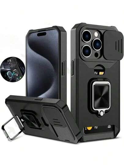 Shockproof Military Grade Rugged Stand Phone Case Compatible With IPhone 16 15 14 13 12 11 Pro Max Plus Models Protective Case With Sliding Camera Slot And Ring Holder Spring Gift