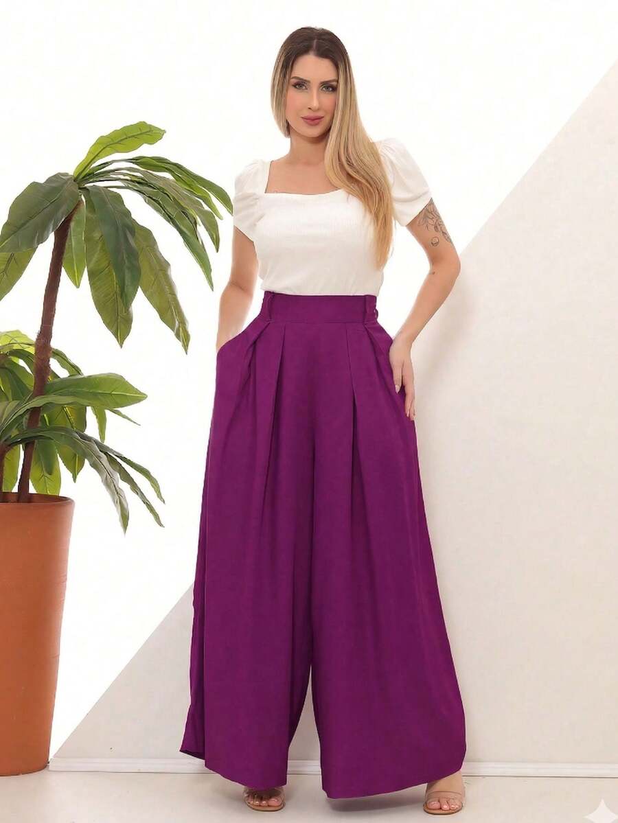 Women's Wide Leg High Waist Wide Leg Pants - 紫色 - 查看 1