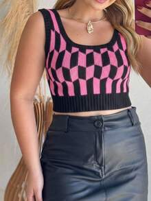 Cropped Top Tricot Feminino Estampa Losango Xadrez Moda Casual Verão Confortável PINK - Pink - Visão 2