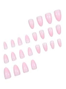 24片短款杏仁形可爱粉色纯色美甲贴纸，附赠1个指甲锉和1瓶果冻胶，适合节日、派对、日常佩戴的按压式美甲贴片 - 粉色 - 查看 2