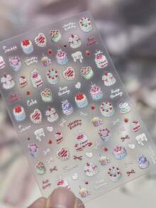 1 Birthday Happy Theme Nail Sticker, Cake Candle Pattern, Gift Design, Self-Adhesive 5D Stereo Cartoon Sticker, Suitable For Home Nail Salon, Women's DIY Birthday Celebration Nail Supplies, Birthday Wishes - Multicolor - View 3