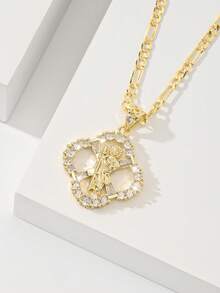 14K Gold Plated Anti-Oxidation Anti-Fading Four-Leaf Clover Virgin Mary And Judas Necklace, 60cm Figaro Chain Structure Sturdy And Smooth Adjustable, Delicate Four-Leaf Clover Outline, High-Definition Virgin Mary And Judas Image, Secure Zirconia Inlay. An Ideal Gift For Religious Friends, Girlfriends And Elders, Symbolizing Good Luck And Faith Memorial Value. - Judah - View 7