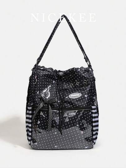 Black And White Sweet And Cool Star Drawstring Fashion Backpack, Niche Classic Campus Style Versatile Backpack, Personalized Daily Street Bow Embellished With Retro Messenger Bag, Suitable For Students, Shopping And So On.