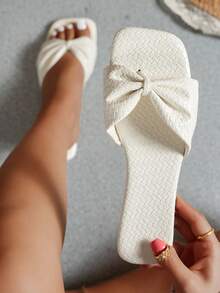 Women's New Bow Square Toe Sandals, Fashionable & Comfortable For Beach, Vacation, Date, Daily Wear, Essential Flat Sandals For Summer - White - View 4