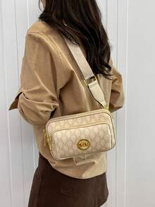 2025 New Fashion Classic Versatile Solid Color PU Waterproof Rhombus Design Retro Chic Metal Animal Logo Shoulder Bag Square Bag Letter Pattern Decor Crossbody Bag Suitable For Shopping, Women Animal Print Tote - Beige - View 10