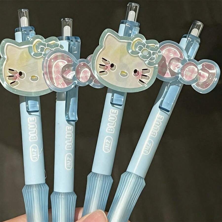 4pcs/Set Blue Kitty Retractable Ballpoint Pens, Suitable For School And Office Supplies - Sets - View 1