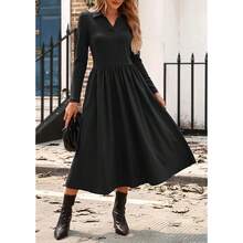 Kasin Women's Fall Long Sleeve Midi Dress 2025 Casual Polo V Neck Ribbed Knit A Line Flowy Work Dresses With Pockets - 黑色 - 查看 8