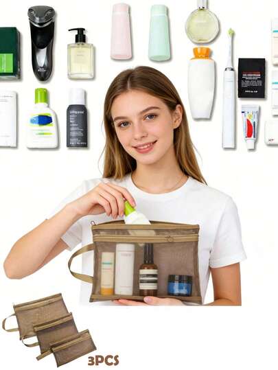 3件套透明网眼收纳袋。透气轻便的尼龙网眼整理袋，配有双拉链口袋和便携提手。多功能大容量收纳袋，可用于存放文具、化妆品、洗漱用品、手机和日常用品。