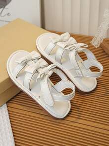 女童白色蝴蝶结公主凉鞋，软底防滑儿童夏季凉鞋 - 米色 - 查看 4