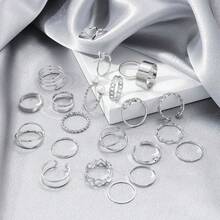 22件套金色可叠戴戒指套装，链条造型，饰有油炸面团扭纹爱心元素，百搭Y2K美学风格，女士饰品 - 彩色 - 查看 5
