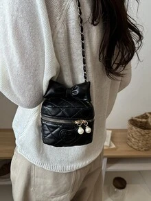 2026 Summer New Fashion Rhombus Chain Bow Handbag, Shoulder Bag, Crossbody Bucket Bag For Women - Black - View 5