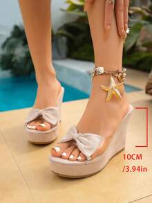 Sandal đế xuồng trong suốt thắt nơ cho nữ, gót siêu cao 10cm, dép đi biển ngoài trời chống thấm nước, sandal nữ màu be thanh lịch cho mùa hè - Màu be - Xem 9