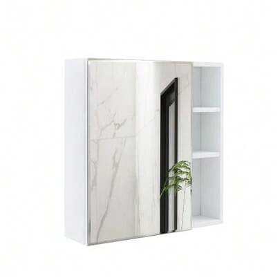 [Simple Wall-Mounted Mirror Cabinet] 55 * 56 Cm, Wall-Mounted, White HDF Board + Safety Mirror Glass Door, Divided Storage Space + Thickened HD Mirror, Ideal For Bathroom / Dressing Room