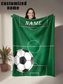 1pc Personalized Football Theme Flannel Blanket, With Football Field Green Background And Classic Black And White Football Pattern, Filled With Sports Atmosphere, Can Customize Player Names, Team Names, Etc. - Personalized Soft And Warm Digital Printing, Tear-Resistant, Machine Washable, Hypoallergenic, Suitable For Sofa, Bed, Travel, Camping, Living Room, Office, All Seasons - Multicolor - View 2