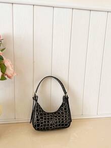 新款手提包，时尚小巧百搭石纹迷你半月形手提包 - 黑色 - 查看 6