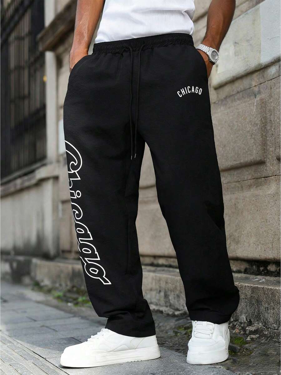 Men's Drawstring Design Printed Casual Pants, Comfortable Breathable Sweatpants - Black - View 1