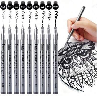 9pcs Black Micro-Tip Pens: Ideal For Drawing, Illustration And Waterproof! Fine Liner Pens For Art, Exam, Manga, Cartoon, Soft Tip Signature Pens, Waterproof Hand-Drawn Outline Pens