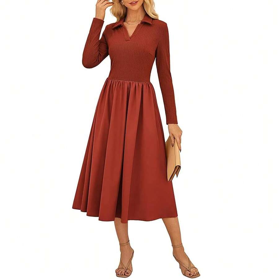 Kasin Women's Fall Long Sleeve Midi Dress 2025 Casual Polo V Neck Ribbed Knit A Line Flowy Work Dresses With Pockets - Red - View 1