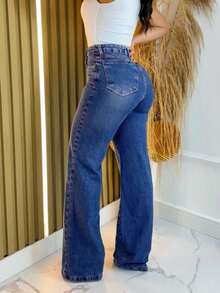 Pantalones vaqueros largos de mezclilla sin lavar para mujer, estilo casual, corte ancho y elástico. - Niebla azul - Ver 2