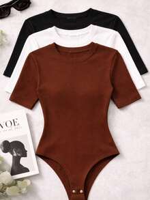 Set Of 3 Boris Bory Short-Sleeved Crew Neck Bodysuits For Women, Basic Style. - Brown, Black, and White - View 2