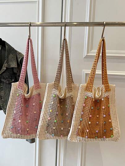 Túi tote đan móc lưới rỗng phối màu, đính hạt cườm, túi đeo vai 2 trong 1, miệng túi mở, phong cách Dopamine Girl, túi lưới móc thủ công, kiểu dáng giản dị, thích hợp cho các chuyến đi chơi mùa xuân/hè, đi làm hàng ngày, kỳ nghỉ, dã ngoại, đi biển.