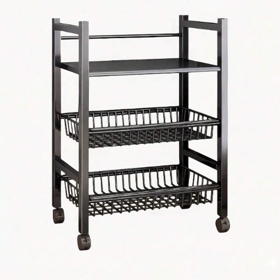 A 4-Layer Black Metal Storage Rack With Wheels - A Multi-Functional Vegetable Rack For The Kitchen And Pantry, Featuring 3 Metal Baskets, Kitchen Storage Items And Storage Cabinets - Black - View 1