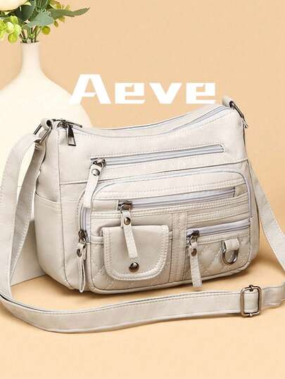 Women's Solid Color Gray Crossbody Bag, Multi-Pocket Vintage Elegant Crossbody Bag With Zipper Pockets, Small Leather Strap, Braided Decor, Suitable For Outdoor, Shopping, Meetings, Business, Lightweight Pouch For Phone And Coins