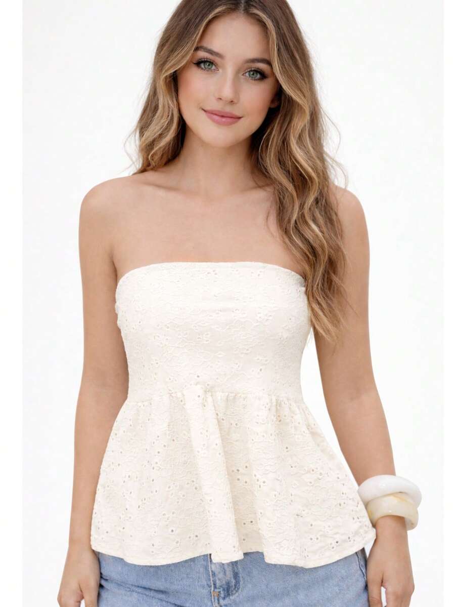 Strapless Peplum Blouse In Lace, Casual Chic Style - White - View 1