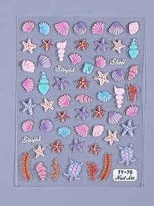 1pc Summer Ocean World Nail Stickers, 5D Embossed Seashell Underwater Creatures Nail Art Decals, Suitable For Personal DIY And Nail Salon Use - 彩色 - 查看 3