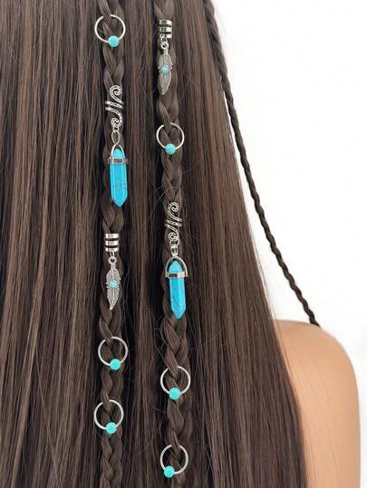 10pcs Boho Style Turquoise Hair Jewelry For Braids Alloy Accessories Loc Hair Dreadlocks Adjustable Hair Rings Hair Cuff Hair Charms Braid Jewelry Hair Beads Decorations For Men Women For Party Date