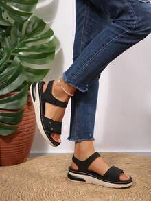 Sandal Wanita Model Wedges Musim Panas Terbaru 2026, Nyaman, Dapat Diatur, dengan Perekat Velcro, Anti Selip, Sol Lembut, Sandal Kasual untuk Berjalan, Ukuran Besar Serbaguna - Hitam - View 5