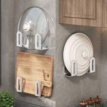 2/4pcs No-Drill Wall-Mounted Pot Lid Rack | Carbon Steel Material, Universal Kitchen Pot Lid Rack + Cutting Board Storage Rack + Kitchen Utensil Rack / No-Drill Cabinet Pot Lid Storage Rack, Suitable For 6 To 13.5 Inch Pot Lids Top-Mounted Storage Rack - Grey - View 16