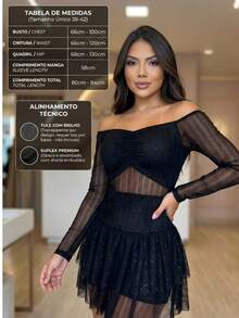 Short, Flared, Tulle Dress With Long Sleeves - 黑色 - 查看 2
