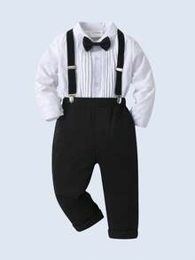 BOARNSEORL 2 件套男婴绅士服装套装，长袖有领白衬衫配领结和黑色吊带裤，时尚精致，适合生日派对、婚礼、葬礼 - 黑色 - 查看 2
