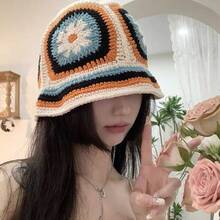 Women's Handmade Crochet Hollow Out Fisherman Hat Colorful Cute Color Block Korean Fashion Bucket Hat - 5 - 查看 2