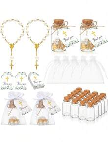 100pcs Mini Rose Rosary Beads Baptism Favors, Including 25 Sets Of Mini Rose Rosary Beads With Silk Pouches, Baptism Glass Bottles And Thank You Cards, Suitable For Baptism, Wedding And Other Occasions - Multicolor - View 1