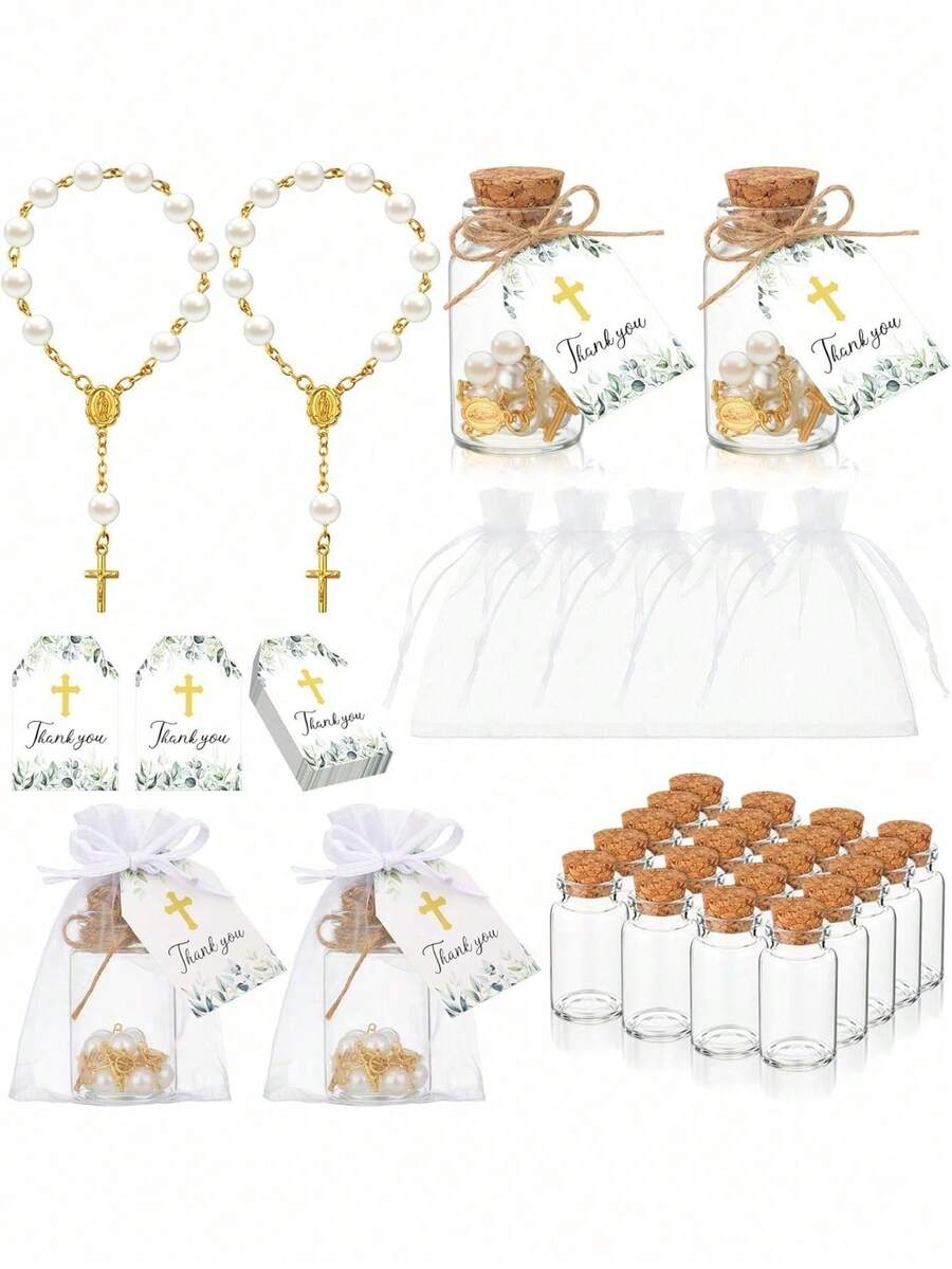 100pcs Mini Rose Rosary Beads Baptism Favors, Including 25 Sets Of Mini Rose Rosary Beads With Silk Pouches, Baptism Glass Bottles And Thank You Cards, Suitable For Baptism, Wedding And Other Occasions - Multicolor - View 1
