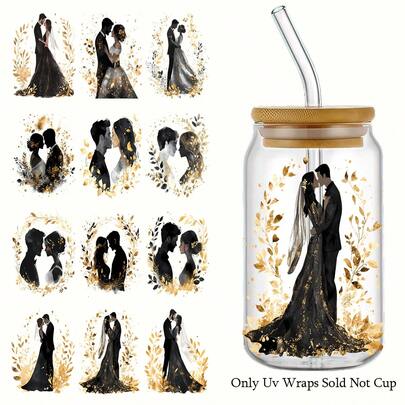 4 st/set UV-överföringsklistermärken svarta och guldfärgade bröllopspar-tema DIY-handgjorda material högkvalitativ överföring höghäftande dekorativ förpackningsöverföringspapper - vattentät och reptålig med kristalleffektglitter, par, blomma för vattenflaskor warp-telefonskal och självhäftande plastdekaler, DIY-muggdekoration, laptopdekaler, högtidsdekorationer, festliga bröllopsdesigner