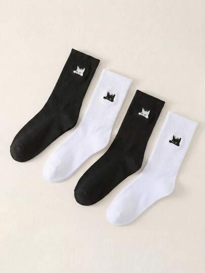 2 Pairs Women's Black & White Contrast Cat Pattern Breathable Moisture-Wicking Cute Funny Mid-Calf Socks, Suitable For Daily Commute