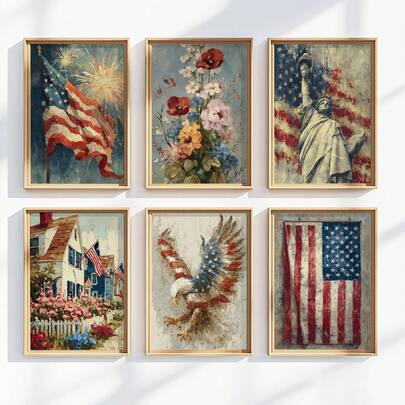 1/6Pcs Vintage Patriotic Canvas Wall Art, 4th Of July Gallery Wall Prints, Featuring Distressed American Flag, Statue Of Liberty, Bald Eagle, Wildflowers With US Flags And Colonial House, Rustic Impressionistic Oil Painting Style