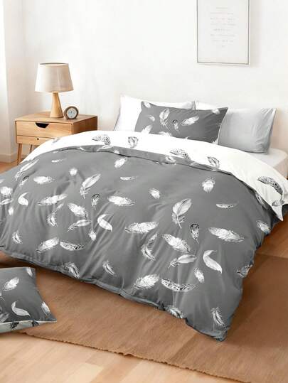 3pcs Feather Pattern Duvet Cover Set (1 Duvet Cover And 2 Pillow Shams), Soft And Skin-Friendly, Suitable For All Seasons